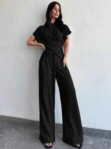 Firerie 1Set Women Office Wrap Chest Tie Waist Top And Wide Leg Pants - Black - View 4