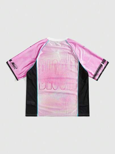 Winx Club X ROMWE Camiseta de manga corta con cuello en V y estampado de dibujos animados en bloques de color, estilo de los años 2000, para hombre