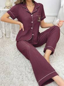 SHEIN Women's Embroidered Bear Pocket Contrast Trim Short Sleeve Top And Pants Pajama Set - Redwood - View 5