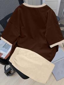 Claim Dot 男士字母印花圆领短袖休闲 T 恤和抽绳腰短裤套装，舒适服装