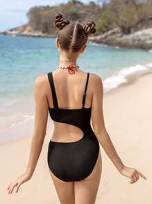 SHEIN Maillot de bain une pièce avec col asymétrique texturé noir pour adolescentes avec jupe de plage cache-maillot, ensemble de deux pièces avec décoration métallique