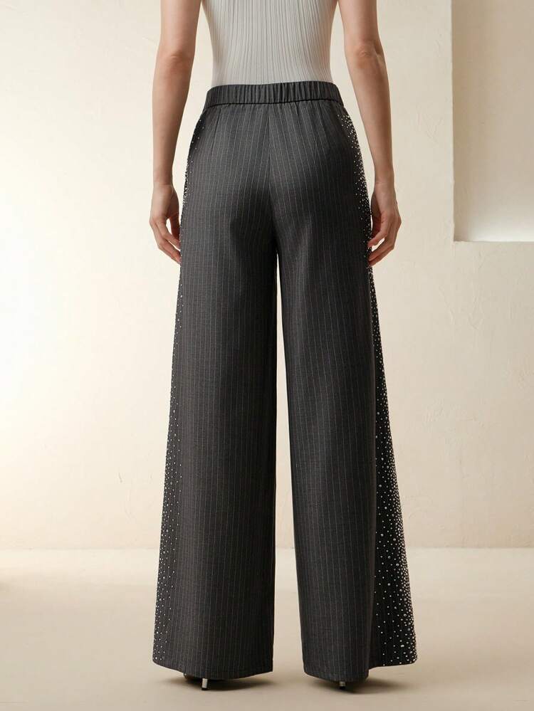 Women's New Style Wide-Leg Grey Rhinestone Embellished Pants, Straight Cut
