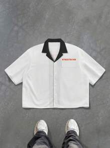 Manfinity Streetrush Camisa de manga corta con botones y estampado de letras y frutas de color contrastante para hombres
