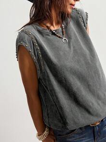 Bohemela Women's Plain Rivet Washed Loose T-Shirt, Western Music Festival Style Gray Tops Open Back Tops Open Back Shirts Gray Top Chain Top - Grey - View 5