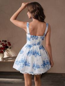 Savoree Women's Boho Mini Dress Blue And White Toile Print Sleeveless Flared Summer Dress With Lace Trim Detail - White - View 6