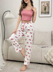 SHEIN Casual Underwear&Sleepwear 纯色吊带背心和印花睡裤女士睡衣套装 - 粉色 - 查看 3