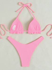 SHEIN Swim 女款夏季海灘素色掛脖綁帶性感比基尼泳衣套裝，無鋼圈 - 淺粉色 - 查看 2
