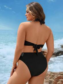 Swim Lushoire 加大码女式纯色不对称系带后背吊带比基尼上衣和三角泳裤两件套泳衣套装，适合海滩、泳池、度假