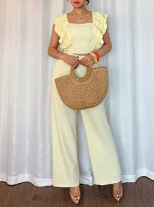 Rafferiza Conjunto de 2 piezas para mujer con top de cuello cuadrado elegante amarillo de manga abullonada y pantalones de pierna ancha, para verano - Amarillo - Ver 6