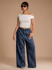 SHEIN Unity Women's Plus Size Dark Wash Denim Wide Leg Jeans, Sparkly Diamond Embellished With Extra Long Design For A Dazzling Look. - Dark Wash - View 3