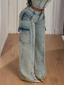 Slaydiva Women's Cargo Pocket Wide Leg Relaxed Fit Casual Versatile Jeans - Blue - View 5