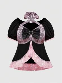 ROMWE J-Fashion Shibuya Girl Y2K 风格蕾丝拼布加大码 T 恤 - 黑色 - 查看 1