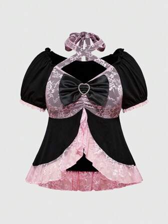 J-Fashion Camiseta de encaje y parches, estilo Shibuya Girl Y2K, tallas grandes