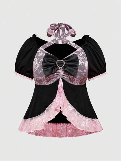 J-Fashion J-Fashion Shibuya Girl Y2K Style Lace Patchwork Plus Size T-Shirt