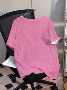 THE POWERPUFF GIRLS X SHEIN Plus Size Loose Fit Crew Neck Short Sleeve Pink T-Shirt, Casual Cartoon Cute Blossom Bubbles Buttercup Star Print Pattern, Comfortable For Summer Suitable For Going Out - White - View 2