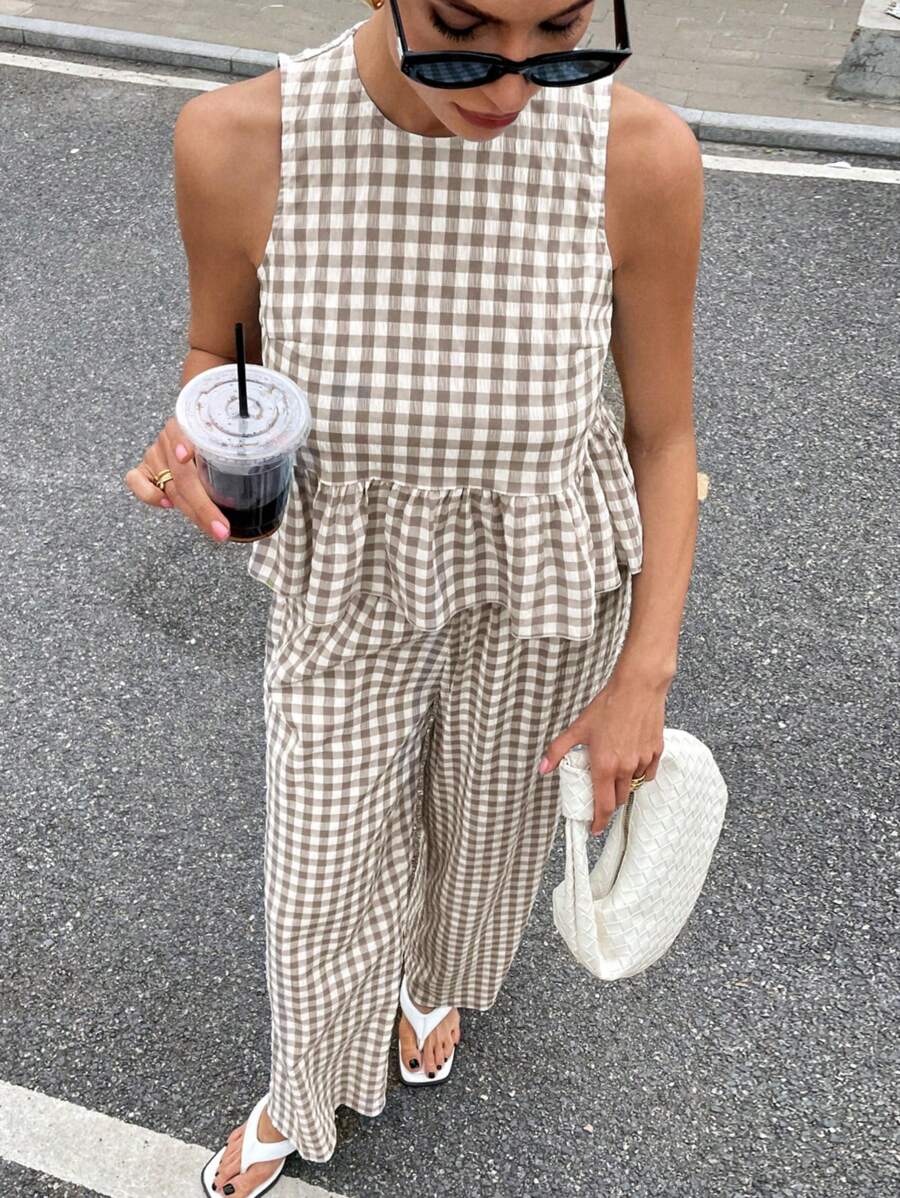 Siren Gaze 2025 年波西米亚风女装夏季套装：格子荷叶边下摆无袖露背上衣和阔腿裤套装 - 度假、节日、海滩度假休闲两件套，采用透气亚麻面料 - 灰色 - 查看 1