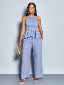 SOLERSUN Damen Urlaubs Lässig Leinengemisch Trägertop Dehnbar Schlank Wickelshirt Weite Hose Set, Top und Hose Set Damen Sommerkleidung, Damen Zwei-Teiler Outfit Urlaubsoutfit Frau Urlaubs Zwei-Teiler Set Boho Damenbekleidung