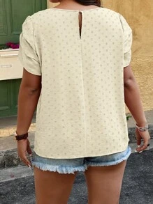 Calvaya Plus Size Women's Casual Solid Color Ruffle Sleeve Round Neck Blouse, Summer - Beige - View 2