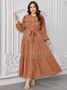 Graceveil Plus Size Long Sleeve Solid Color Ruffle Hem Arabic Style Dress Fall Cloth For Women - Khaki - View 5