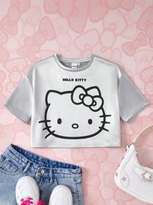 HELLO KITTY AND FRIENDS | SHEIN Tween Girl Cartoon Print Grey Casual Short Sleeve T-Shirt, Summer