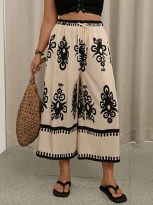 SHEIN VCAY 大码复古风格印花休闲裤 女士海滩裤 西部风格女式七分裤 宽松裤 奶油黄 女士夏季度假 7 月 4 日乡村音乐会 波西米亚风假期 女士教师 乡村女士沙滩服 俱乐部欧洲夏季波西米亚裤 阔腿夏季裤 长款夏季裤 女士阔腿裤 印花阔腿裤 - 彩色 - 查看 5