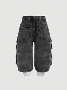 SHEIN 女婴灰色牛仔实用阔腿裤，酷炫服装/女童感恩节服装，女婴秋冬装