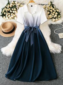 SHEIN Clasi Damen Kleid in Große Größen mit Stehkragen, Selbstbindung in der Taille, halber Knopfleiste und Farbblock, vielseitig für Frühling & Sommer - Verschiedenfarbig - Übersicht 1