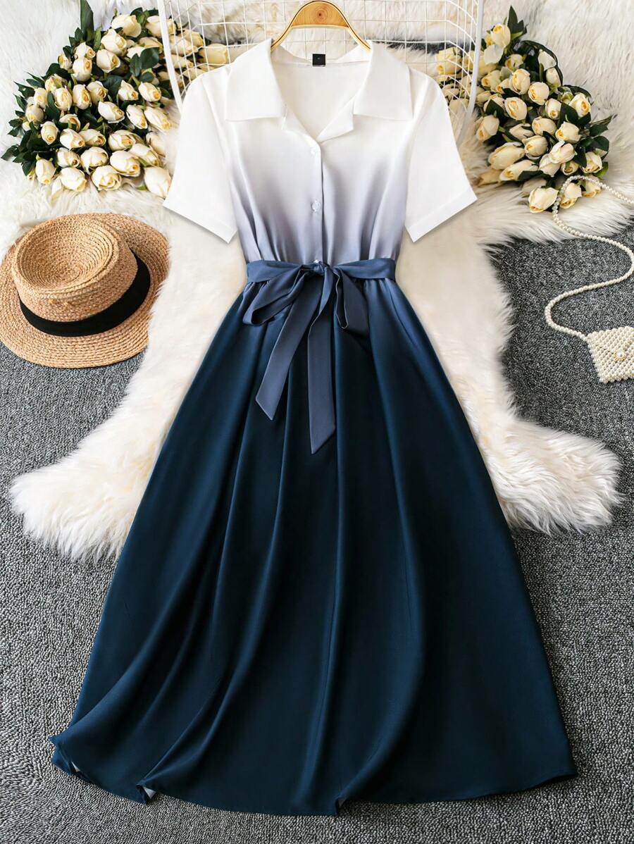 SHEIN Clasi Damen Kleid in Große Größen mit Stehkragen, Selbstbindung in der Taille, halber Knopfleiste und Farbblock, vielseitig für Frühling & Sommer - Verschiedenfarbig - Übersicht 1