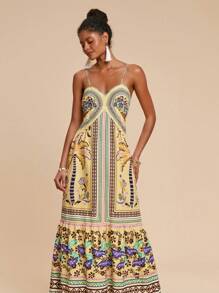 Travachic 女式露背镂空植物印花沙滩吊带裙，不对称前开叉短款 - 彩色 - 查看 5