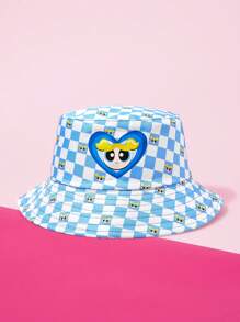 THE POWERPUFF GIRLS X SHEIN Reversible Checkered And Bubbles Pattern Bucket Hat - Blue - View 1