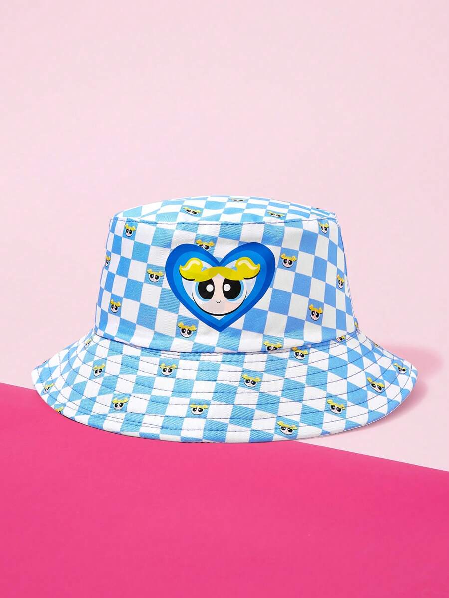 THE POWERPUFF GIRLS X SHEIN Reversible Checkered And Bubbles Pattern Bucket Hat - Blue - View 1