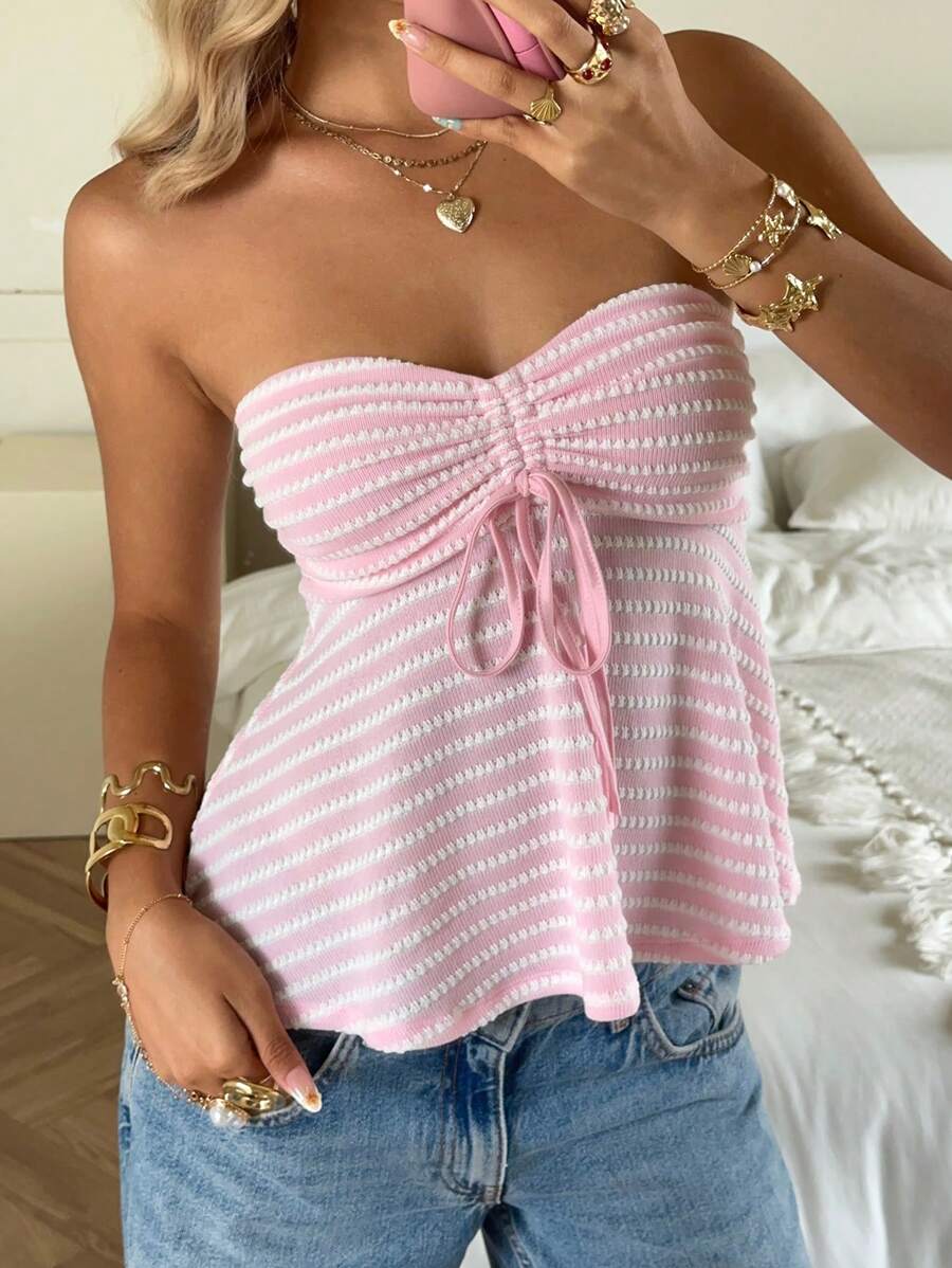 CovetEZ Top tubo tejido con cordón en rosa con rayas de verano