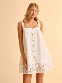 CAJUNI Women's Lace Embroidered Sleeveless Long Blouse, Vacation Wear - White - View 7