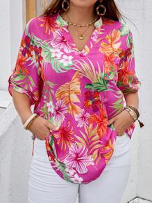 EMERY ROSE 大码女式热带植物印花V领卷袖衬衫 - 彩色 - 查看 1
