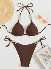 Swim Basics Women's Chain Strap Push-Up Padless Bikini For Summer Beach Vacation - Brown - View 3