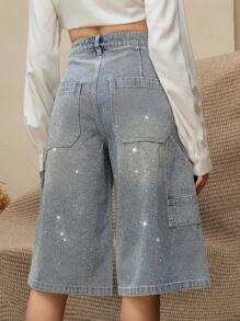 Anewsta 纯色宽松休闲百搭口袋喇叭形水钻牛仔裤 - 藍色 - 查看 2