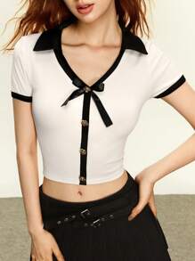 Rina Fox Women's V-Neck Color Block Short Sleeve T-Shirt, Fashionable Summer Top - White - View 1