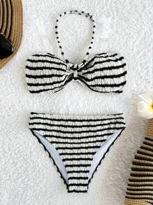 SHEIN Conjunto de bikini de cuello de halter con textura de rayas para niñas preadolescentes