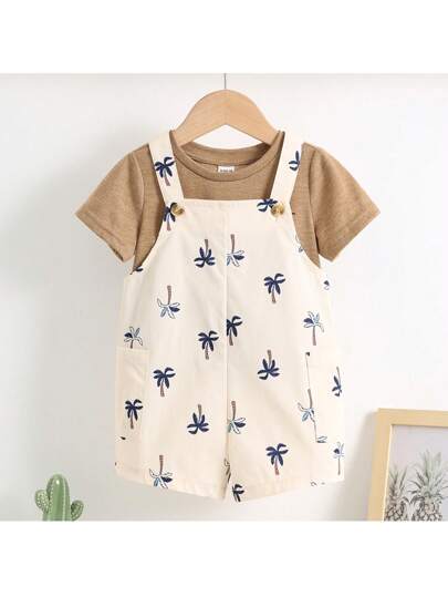 Loomiva Recién nacido bebé niño Conjunto de verano informal y lindo de tirantes cortos con estampado de árbol de coco albaricoque, no incluye ropa interior