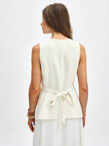 ATUI Studio Women's Summer Vacation Casual Simple Retro Milk-Colored Drawstring Linen Waistcoat, Business Casual Wear - Light Grey - View 4