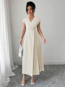 Elenzga Đầm Maxi trễ vai xếp ly bên phải, đơn giản, thanh lịch, đi làm, công sở, đi nghỉ, trà chiều, màu trơn, cổ chữ V, eo, viền bèo, hở vai, mùa xuân/hè - Màu be - Xem 4