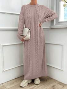 EURMUSE Women's Solid Color Round Neck Long Sleeve Simple Casual Dress - Baby Pink - View 1