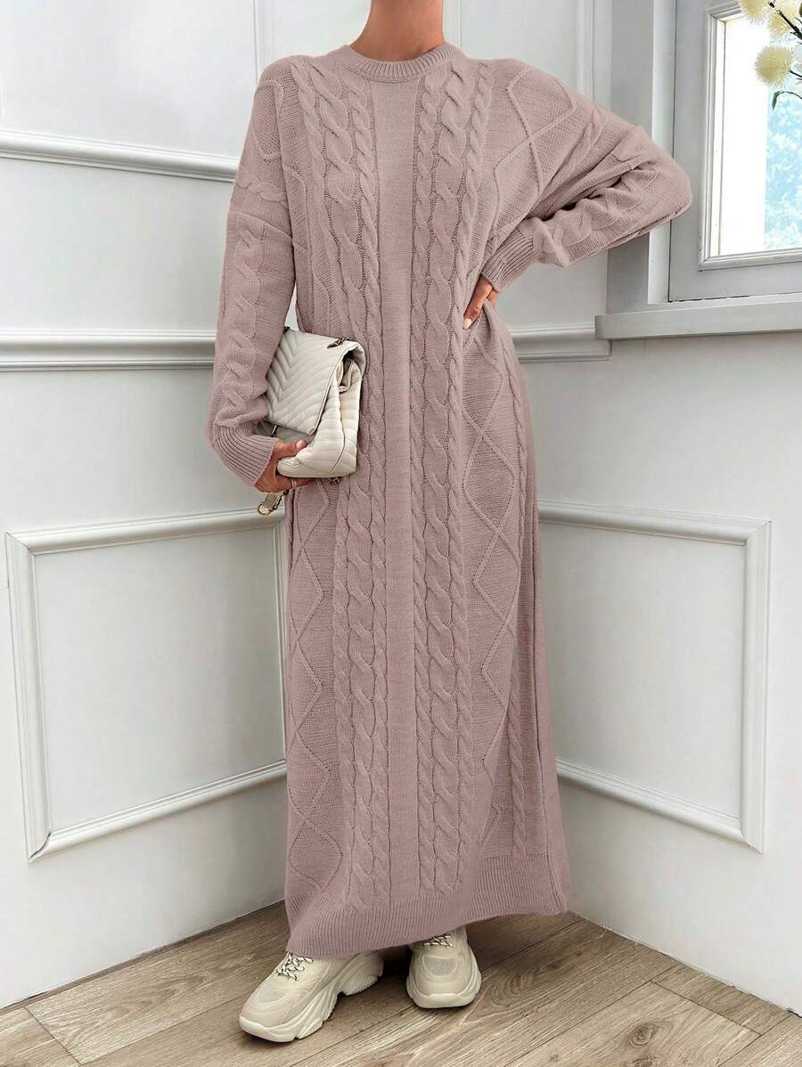 EURMUSE Women's Solid Color Round Neck Long Sleeve Simple Casual Dress - Baby Pink - View 1