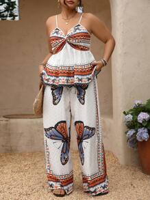 Breezaya Set de 2 piezas para mujer talla grande, mono de tirantes con estampado de mariposas tejido, ajuste regular, para primavera/verano