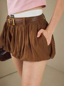 Muvela تنورة قصيرة مع جيوب للنساء، بني، فضفاضة، كاجوال، بنمط زهري منتفخ، تنانير قصيرة عصرية للموسم الدافئ - بني - مشاهدة 4