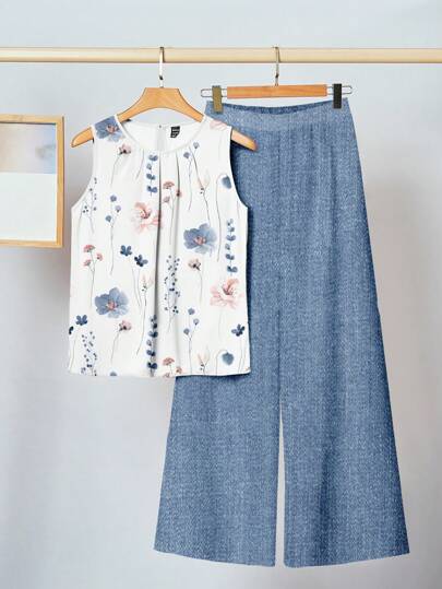 SHEIN Clasi Set de 2 piezas de ropa casual de mujer con estampado floral, estilo retro, apto para el verano y uso diario