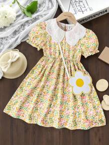 SHEIN Vestido con bolso con flores, mangas abullonadas, cuello bordado y cintura fruncida, con estampado floral pequeño, adecuado para uso casual y de vacaciones para niñas jóvenes