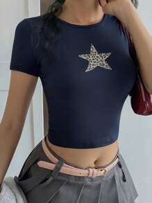 DAZY 女式纯色豹纹圆领短袖T恤夏季图案T恤 Y2k，女式短款上衣