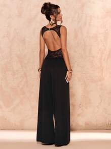 SHEIN BAE Summer Ladies Clothing Black Sleeveless Lace See-Through Sexy Tight Fit Ladies Jumpsuit ,Black Jumpsuit - Black - View 1