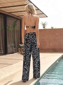 Maija Women's Summer Beach Full Print Halter Tie Sexy Bikini Swimsuit Set With Cover Up And Pants - Black - View 2